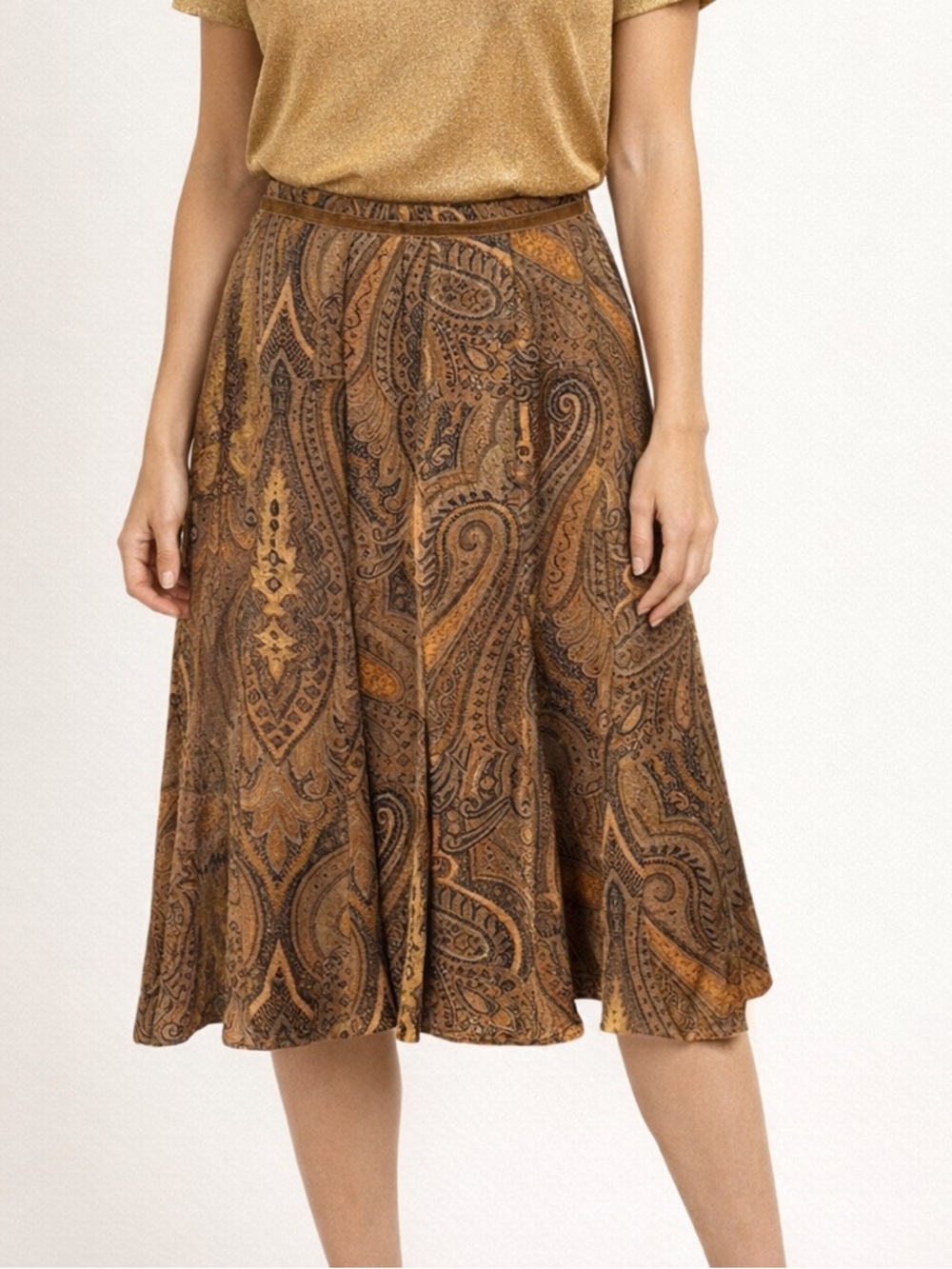 Anne Klein 100% Silk Bronze Paisley Knee-Length A-Line Skirt Ladies 4